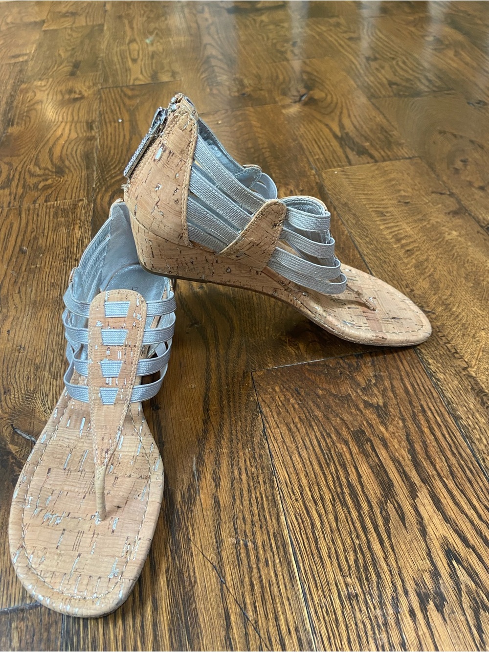 Donald J. Pliner Cork Wedge Sandals in Tan and Silver
